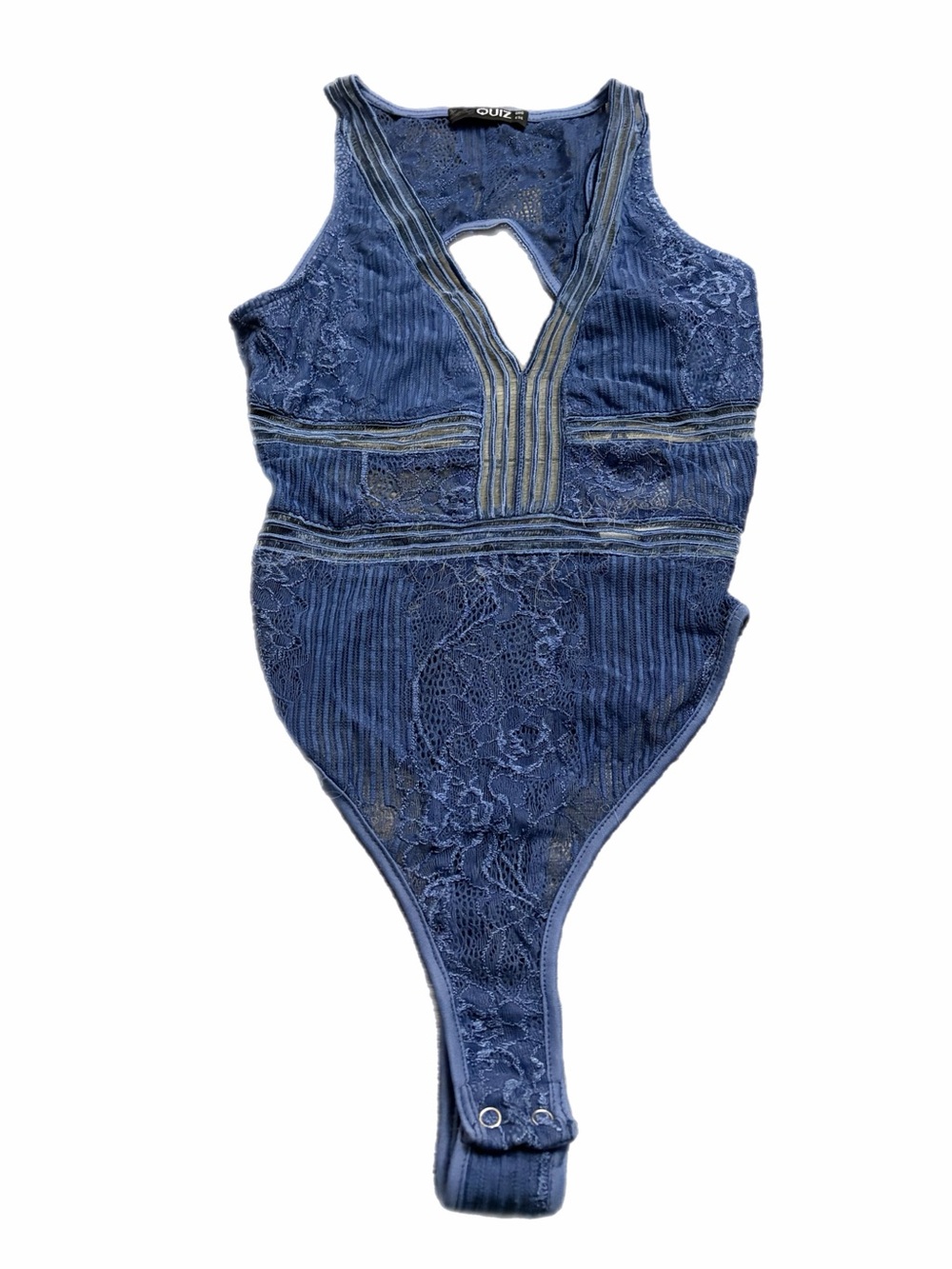 90s/Y2K European Vintage Quiz Lace Stripe & Mesh Thong Bodysuit (Blue) Size XS